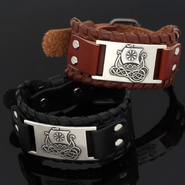 

bangle nordic viking dragon ship vegvisir odin leather amulet bracelet -adjustable size 19-25 cm, Black