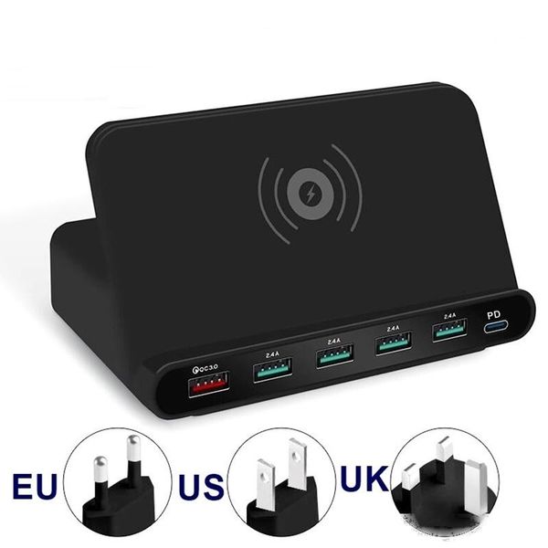 

60w 5 port usb qi fast wireless charger carregador portatil pd quick charge 3.0 for huawei lg samsung s20 s10 s9 s8 note10