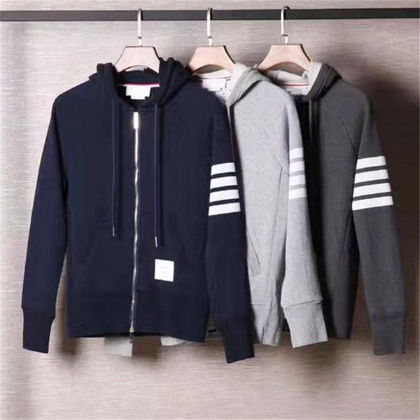 

loopback jersey cotton knit engineered 4-bar arm stripe zip-up classic hoodie tb sports casual sweatshirt men s women s cardigan, Black