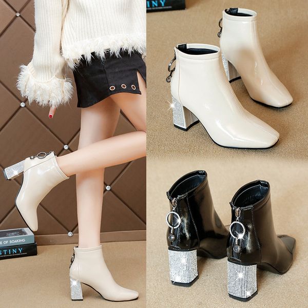 

pure color boots women's autumn and winter new korean style thick heel zipper women boots square toe high heel, Black