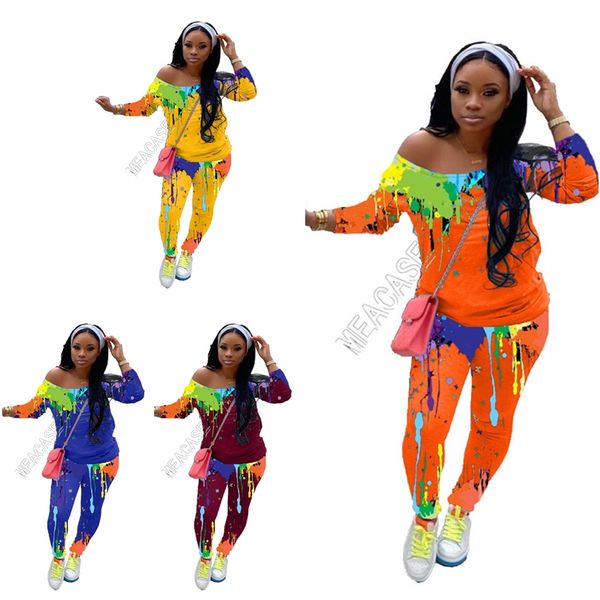 

women tracksuit graffiti splash ink diagonal shoulder long sleeve t shirt pants leggings two pieces outfits painting sports suit d91601, White