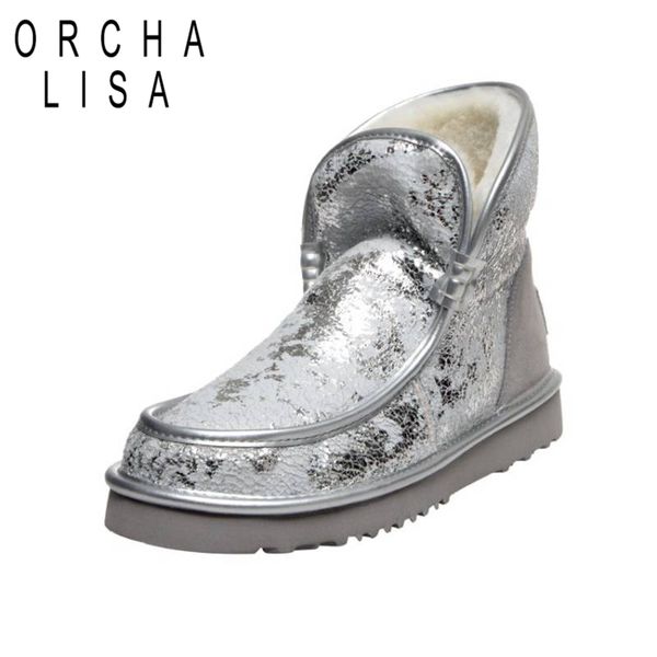 

orcha lisa women cow suede snow winter's warm ankle boots glitter print round toe flat with pull on anti slip big size 34-43, Black