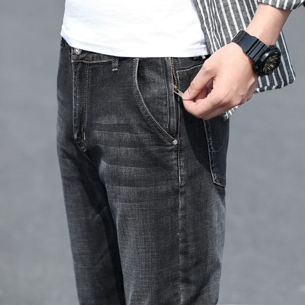 

men's jeans 2021 autumn classic style grey slim anti-theft zipper cotton elastic regular fit denim pants male brand trousers, Blue