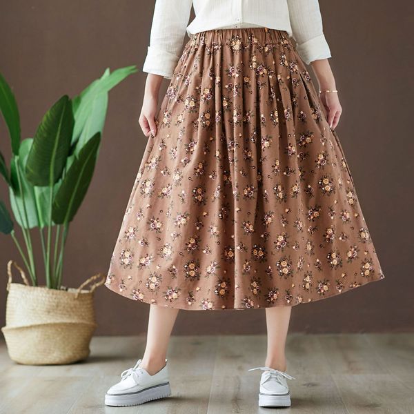 

spring autumn vintage cotton skirts women chic elegant high waist elastic floral print a-line skirt female big swing midi saias, Black
