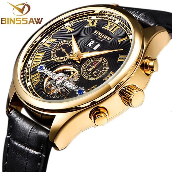 

binssaw 2020 men tourbillon mechanical fashion casual leather business sports automatic watch relogio masculino, Slivery;brown