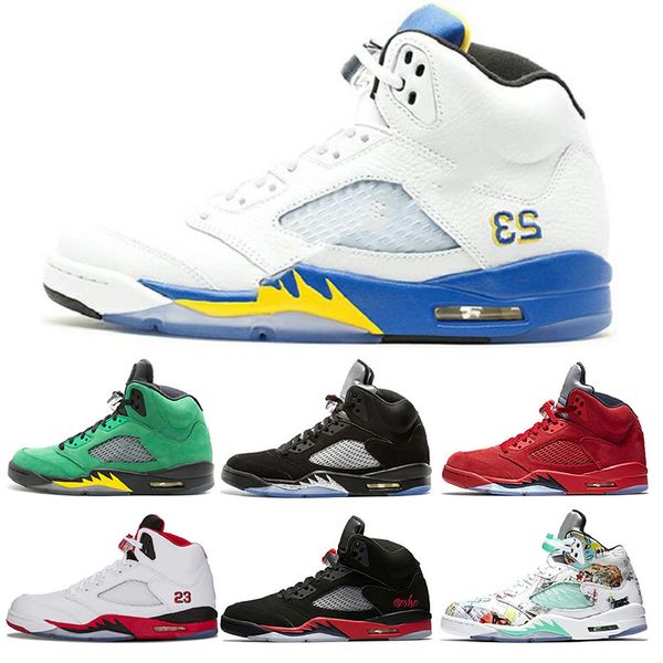 

5 5s wings international mens basketball shoes blue red suede space jam metallic silver fire red mens sports sneakers size 7-13