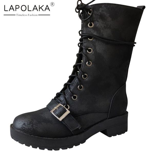 

lapolaka 2020 new design large size 43 thick heels mid calf boots woman shoes platform thick heels lace-up spring autumn boots, Black