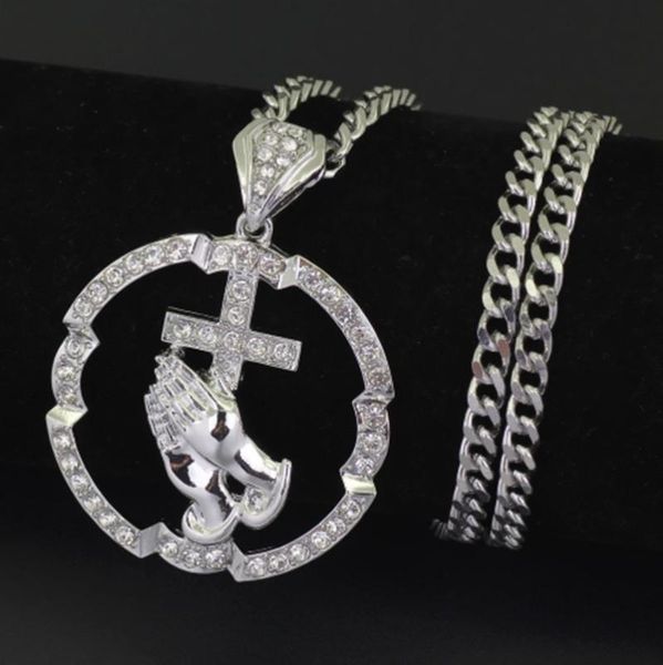 

мужчины хип-хоп посеребренная креста руки молитва ожерелье iced out цепи ожерелье cool велосипедистом hip hop ювелирные аксессуары, Silver