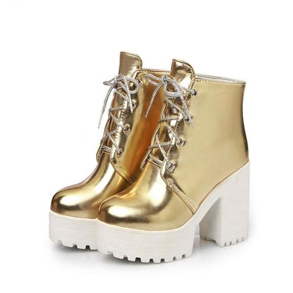 

boots size 34-43 women platform ankle square high heel lace up zipper autumn winter ladies shoes gold silver, Black