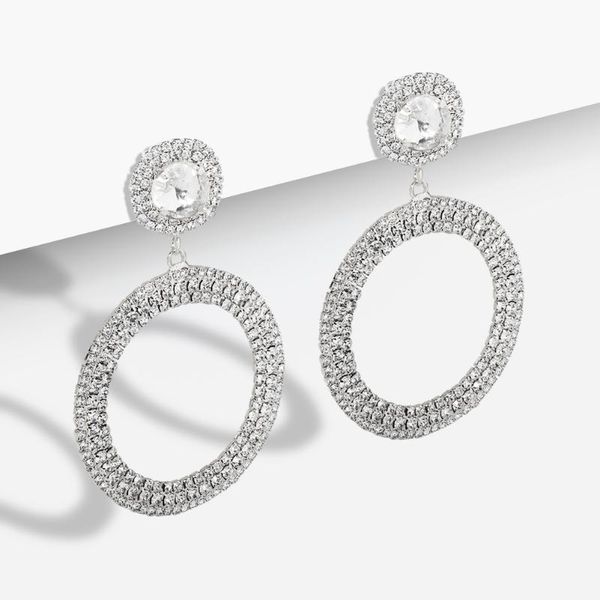 

hollow out round crystal dangle earrings for women geometric circle statement pendant earrings charm welding party jewelry gifts, Silver