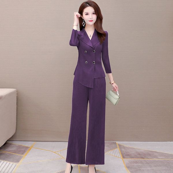 

fashion temperament two-piece suit for women 2020 autumn new slim-fit wife long sleeve pleated base shirt pants wide leg pantsshirt wide leg, Gray