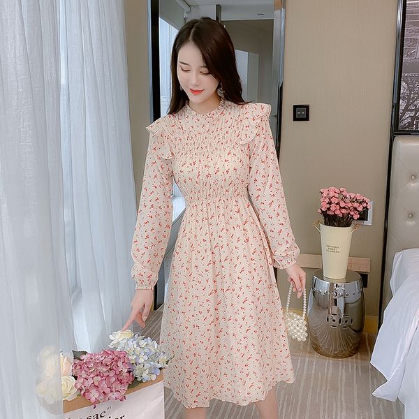 

женское платье 2020 осень шифон длинные длинные юбки новый с длинными рукавами цветочные шифона юбка французской моды темперамент талии сред, Black;gray