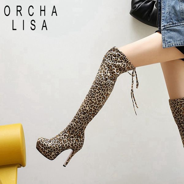 

boots orchalisa autumn winter motorcycle over-the-knee pointed toe thin heels flock lace-up big size 34-48 leopard c2032, Black