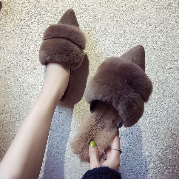 

slippers 2021 winter korean version hair pointed baotou flat bottom semi trailer female fashion fashionable wear wool, Black