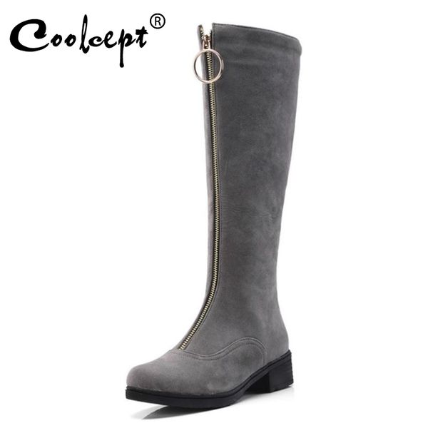 

boots coolcept size 33-43 women knee winter warm fur buckle zipper high heel fashion concise shoes footwear, Black