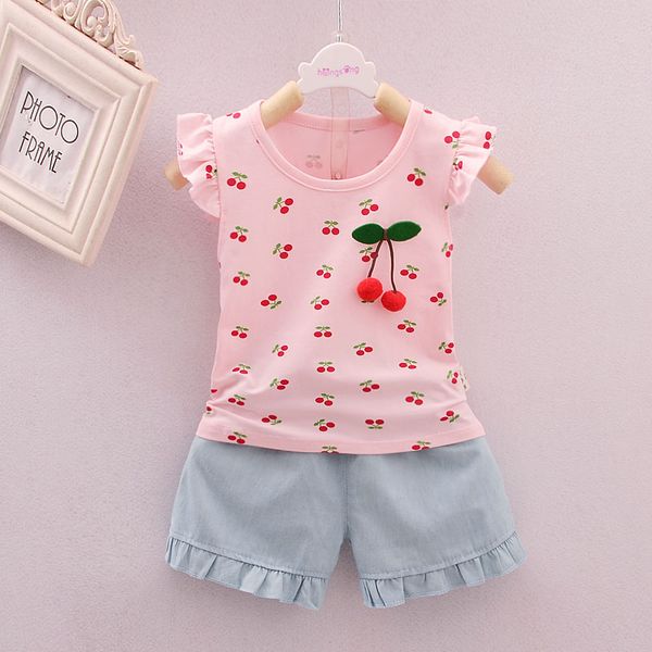 

summer 2020 girls clothing sets children cherry sweet little girls shorts 2pcs suit kids tracksuits for summer clothes, White