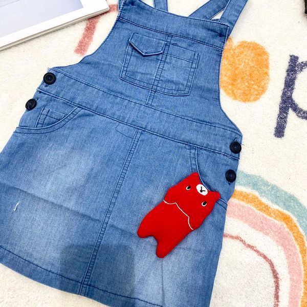 

baby girl sling dress sweet lady one-piece dress 95% cotton cute cartoon pocket denim skirt summer, Blue