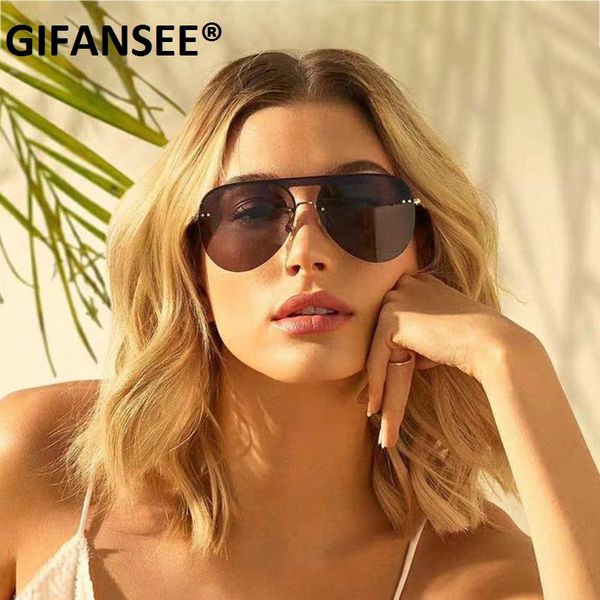 

GIFANSEE One Piece rimless Sunglasses Women 2020 New Brand Gradient Sun Glasses Men Retro Alloy Pilot Shades Oculos Feminino, White;black