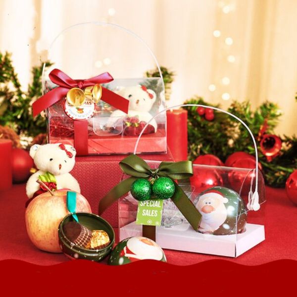 

new diy10pcs 10x10x16cm portable apple box transparent christmas/party time eve apple box bear doll and christmas tinplate ball