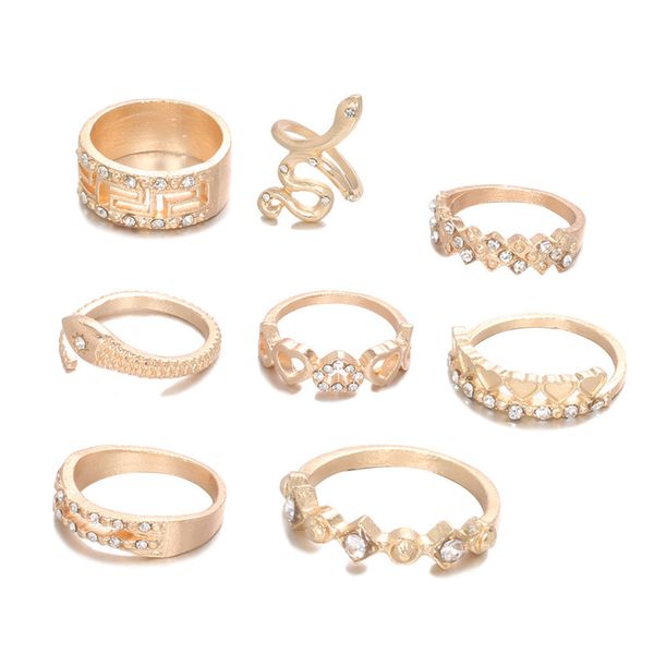 

quality 8 pcs/set boho vintage gold snake midi moon rings set for women crystal midi finger ring female bohemian jewelry