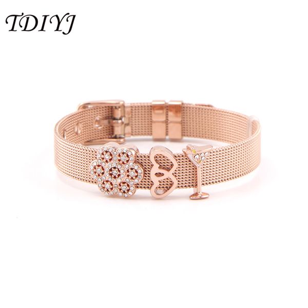 

tdiyj trendy slide keeper bracelet with crystal flower interlocking heart pave martini charms rose gold for women's gift one set, Golden;silver