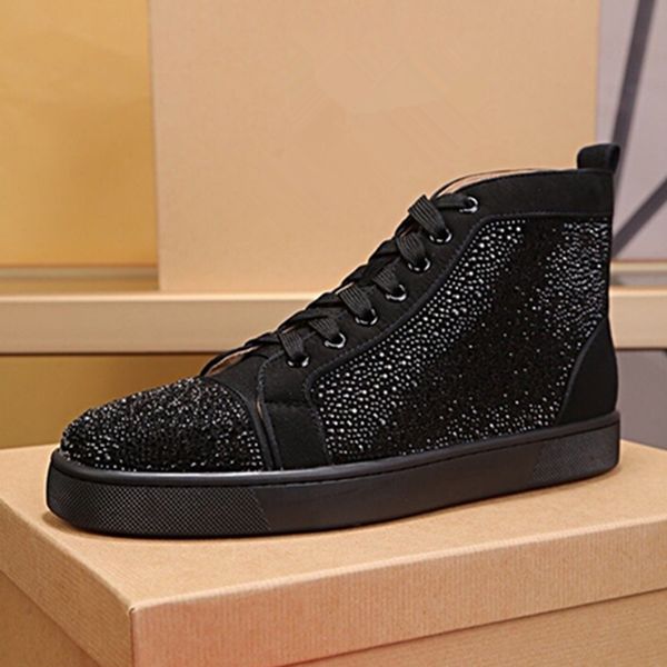 

мужчины спайк stud кожа redbottom повседневную обувь заклепки кроссовок зашнуровать плоскую высокие верхнюю случайной открытым ботинки женщи, Black