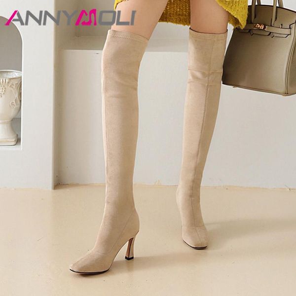 

annymoli woman boots high heel over the knee boots square toe long stiletto heel slim stretch shoes female black size 46