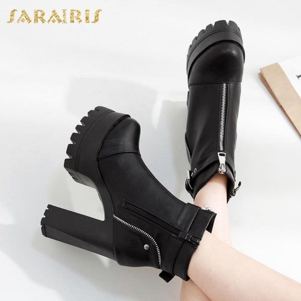 

sarairis 2020 new fashion work boots woman shoes platform chunky high heels zip up black comfortable autumn ankle boots ladies