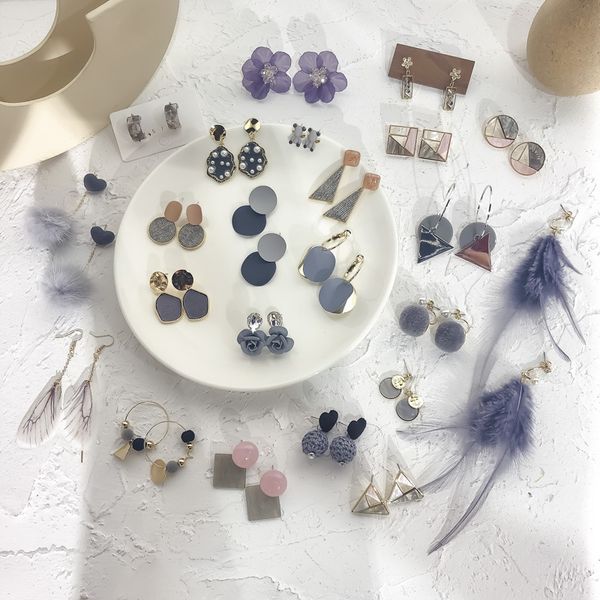 

2020 new korea fashion women earrings gray purple autumn winter geometric feather drop earrings for girl jewelry accessories, Silver