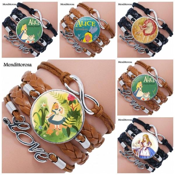 

alice quote for women jewelry with plated glass cabochon multilayer black/brown leather bracelet bangle, Golden;silver
