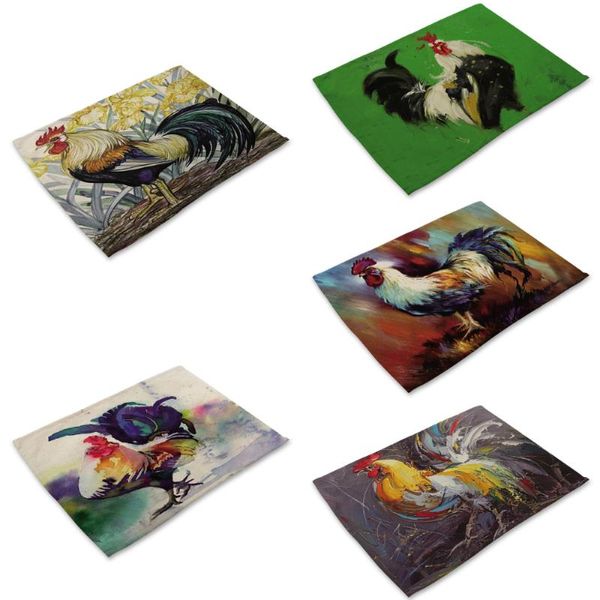 

40*30cm cock print placemat flax table mat colorful anti-scalding pad diy kitchen decoration dining accessories
