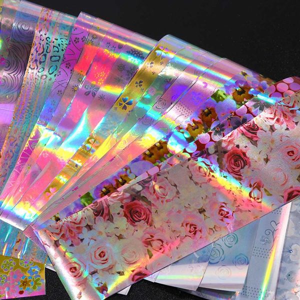 

16pcs pink flower nail art foil set romantic valentine's day laser starry nail transfer sticker manicure diy tips decoration, Black