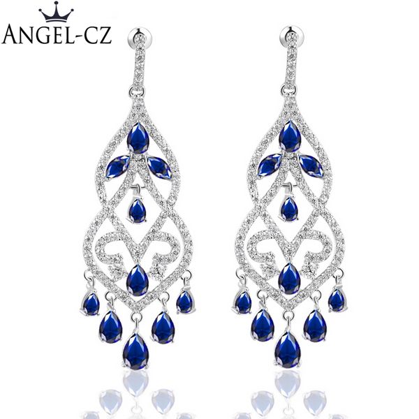 

dangle & chandelier angelcz brand ear jewellery fancy drop inlay royal blue austrian crystal evening party big earrings for ladies ae100, Silver