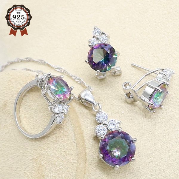 

multicolor rainbow zircon silver color jewelry set for women bracelet hoop earrings necklace pendant ring gift box