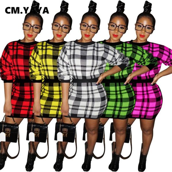 

cm.yaya classic plaid knitted women's set long sleeve sweater midi mini skirts set tracksuit fitness two piece outfits dress, Gray
