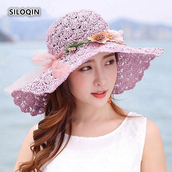 

wide brim hats siloqin trend summer women's sun foldable wild breathable straw seaside resort beach hat sunscreen anti-uv visor, Blue;gray
