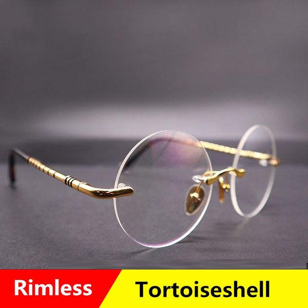 

fashion sunglasses frames rimless round square tortoiseshell eyeglasses frame flexible titanium alloy temple legs optical glasses prescripti, Black