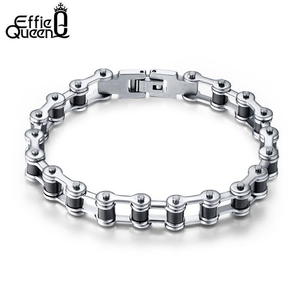 

effie queen men's motor bike chain motorcycle chain bracelet bangle stainless steel jewelry with silicone ib29, Black