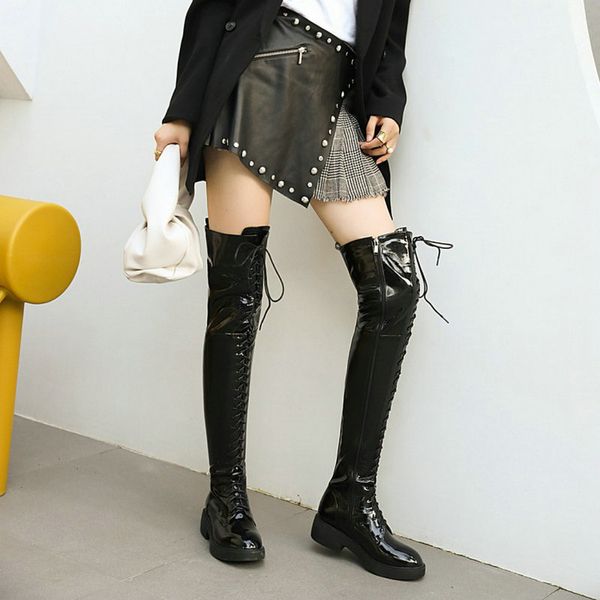 

zawsthia patent pu leather female boots lace-up cross-tied platform womens winter fleece thigh high boots lady overknees, Black