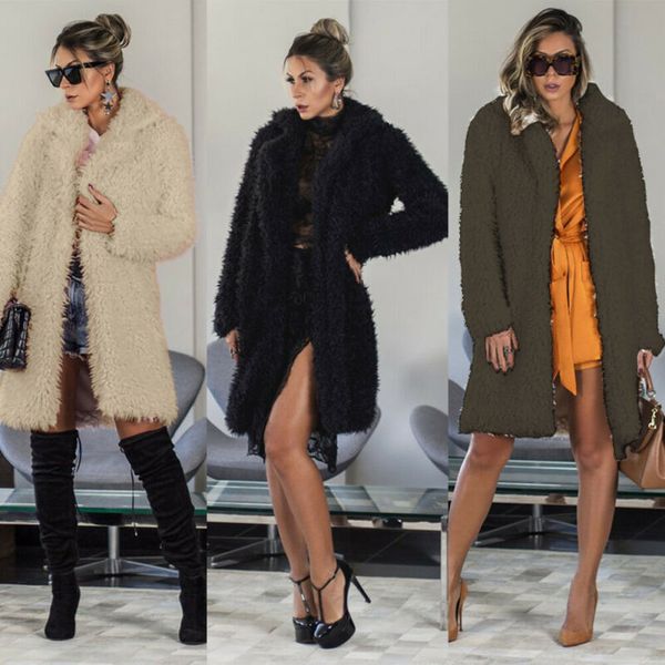 

women's fur & faux women furry coat winter warm fuzzy fluffy fleece jacket long sleeve female outerwear cardigans overcoat 2021, Black