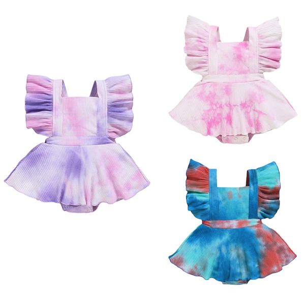 

focusnorm 0-24m tie-dye printed baby girls boys rompers ruffles short sleeve backless belt jumpsuits dress, Blue