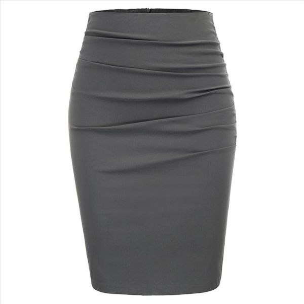 

ladies women ruched skirt vintage office work business solid color pleated front hips wrapped skirts bodycon pencil skirt faldas, Black