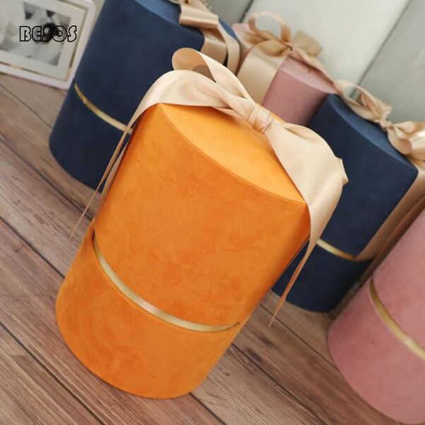 

wholesale large candy color cylindrical velvet ribbon gift box wedding party flower cosmetics jewelry decorative round gift box