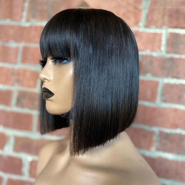 

13*4 short bob wig brazilian lace front human hair wigs with bangs pre-plucked natural color bleached knots remy hair 150% wig, Black;brown