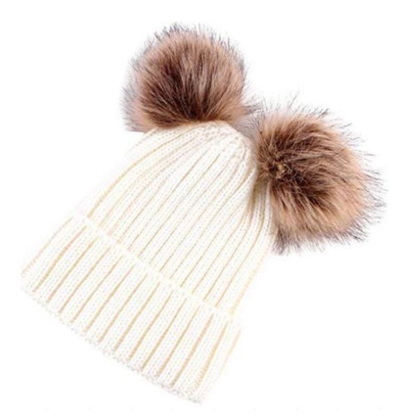 

baby girls boys winter warm knit hat wool hat double ball cap parent-child caps toddler hairball beanie caps, Blue;gray