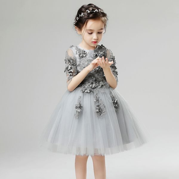 

girl's dresses half sleeve cute princess dress lace applique flower girl mesh beads communion gown sequins children wedding pageant, Red;yellow