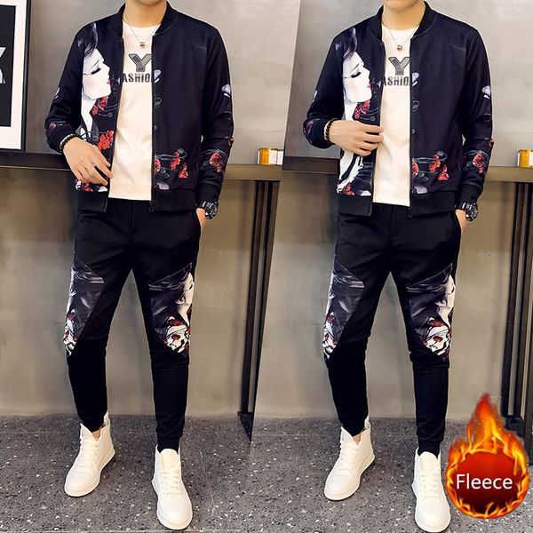 

autumn winter mens 2-piece set track suits fashion printed thick warm sweatsuit man fleece jacket +pant jogging sportwear suit, Black;blue