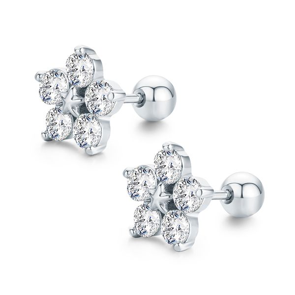 

cute star 5 petals flower round cz stones screw back stud earrings for women baby kids girls piercing jewelry oorbellen kolczyki, Golden;silver
