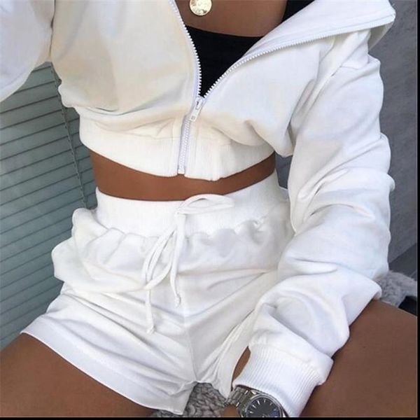 

new fashion women sports clothing suit autumn casual womens girls zipper hooded long sleeve sweatshirt high wait shorts street, Gray