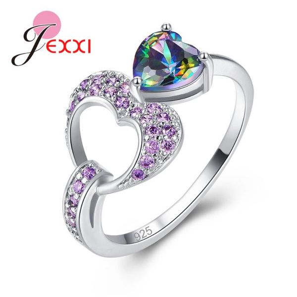 

cluster rings est fashion anel for women girl 925 sterling silver jewelry hollow sweet heart shiny 3a+ grade crystal drop, Golden;silver